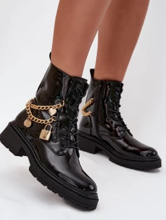 Lakované Botky Worker Se Zlatým Zateplené Černé model 21706803 - Boto