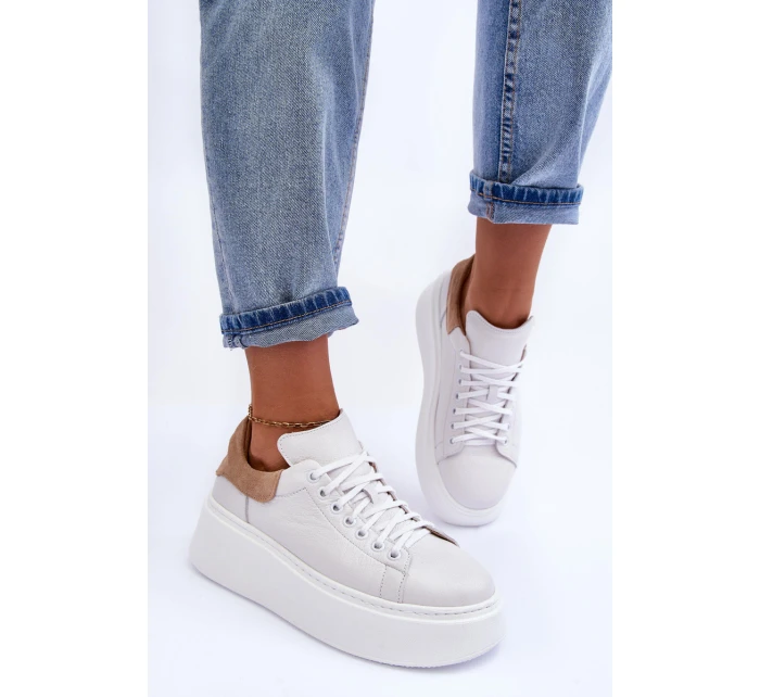 Dámské sportovní kožené boty na platformě Bílá Lemar 10150