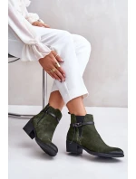 Zateplené semišové botky na podpatku se zipem tmavě zelené Zazoo 60478