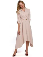K086 Šaty v délce midi s ozdobnými knoflíky - béžové