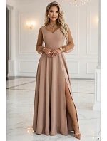 LORETTA dlouhé šaty s rukávy a výstřihem béžové model 22043337 - numoco LORETTA dlouhé šaty s rukávy a výstřihem béžové model 22043337 - numoco