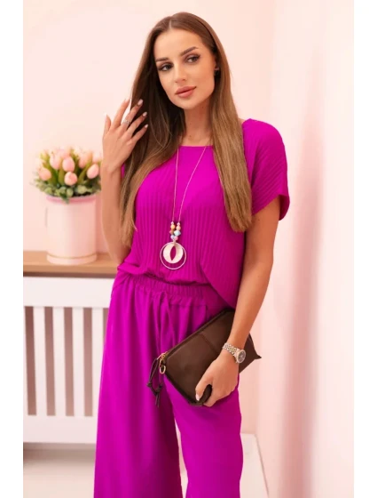 Viskózový komplet plisovaná halenka + kalhoty tmavě fialová