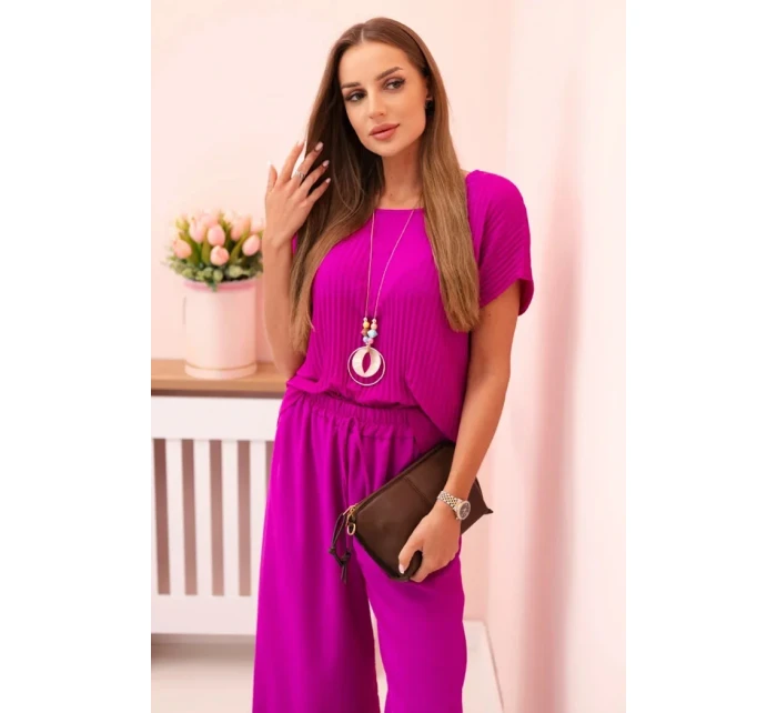 Viskózový komplet plisovaná halenka + kalhoty tmavě fialová