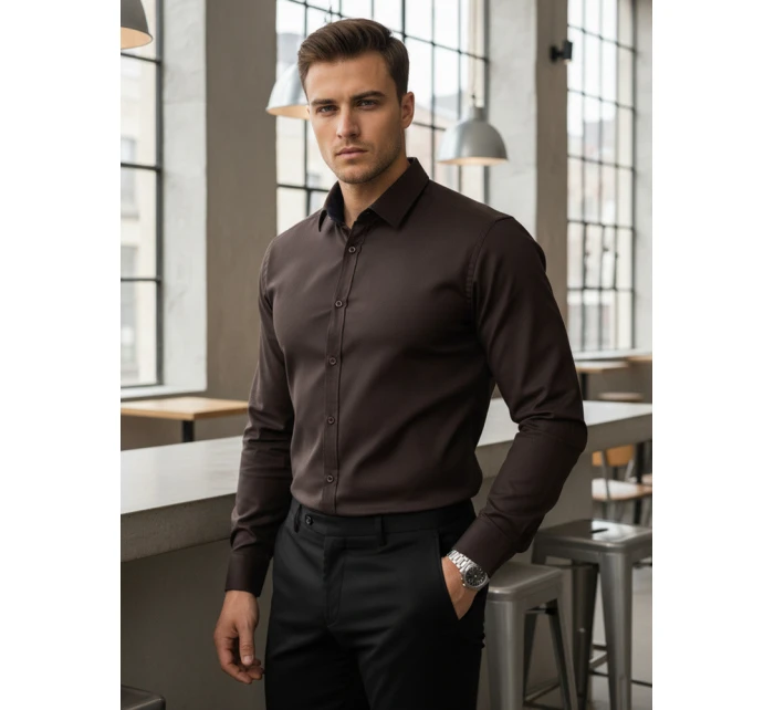 Pánská elegantní hladká tmavě hnědá košile SLIM FIT FashionStreet DX2682