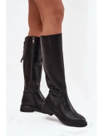 Zateplené dámské kozačky z pravé kůže na nízkém podpatku model 21713362 Černé - VINCEZA