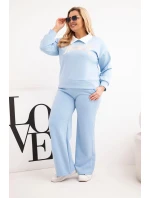 Dámský komplet máslo Plus Size s širokými nohavicemi a límečkem modrý