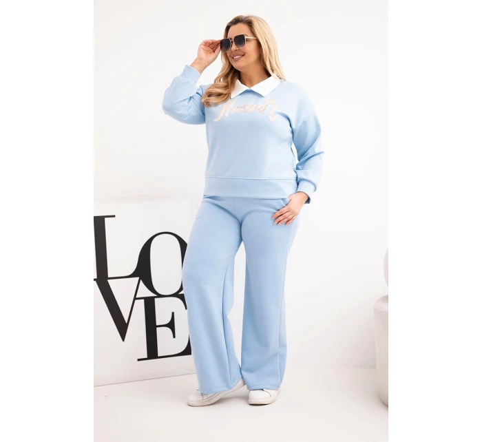 Dámský komplet máslo Plus Size s širokými nohavicemi a límečkem modrý