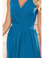 362-4 JUSTINE Dlouhé šaty s výstřihem a zavazováním - MODRÉ