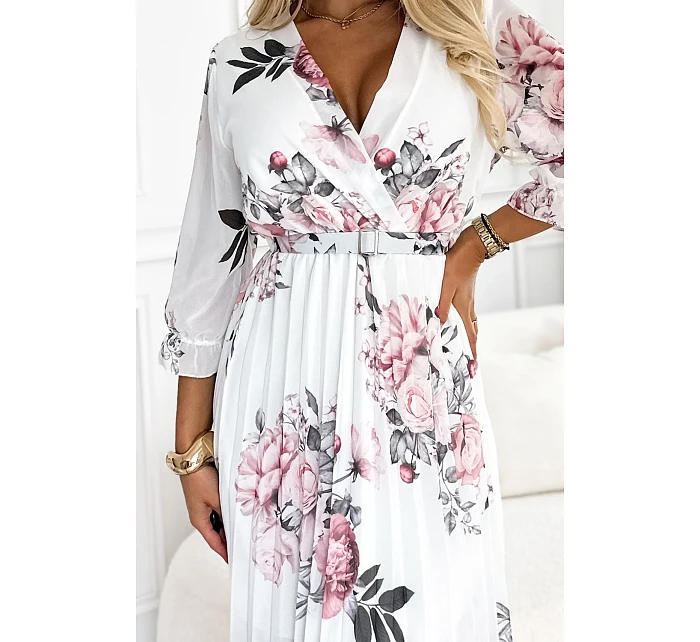 Dámské plisované midi šaty s výstřihem, opaskem a se vzorem růží na pozadí model 22121293 - numoco basic