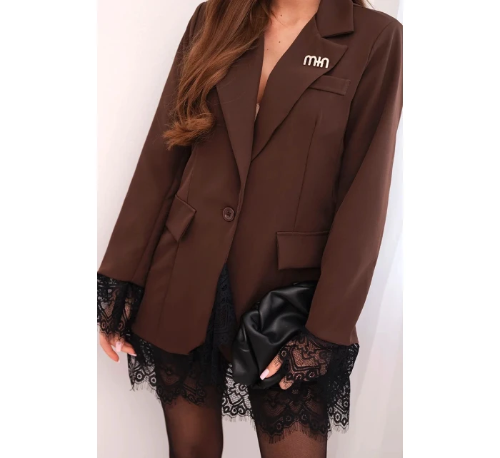 Dámská sako hnědá s krajkou na spodní části a na manžetách hnědá