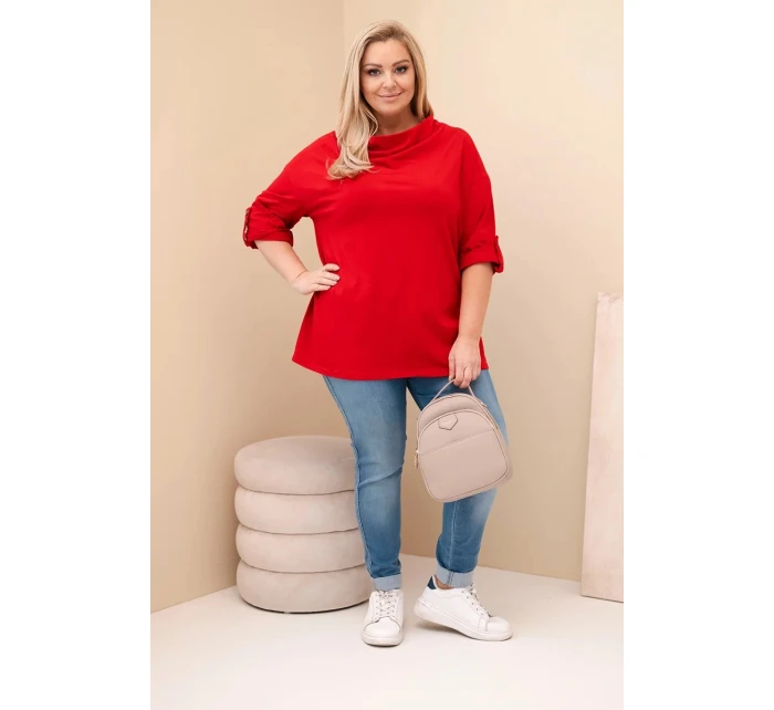 Dámská blůza Plus Size s bavlnou volného střihu s vodním výstřihem červená