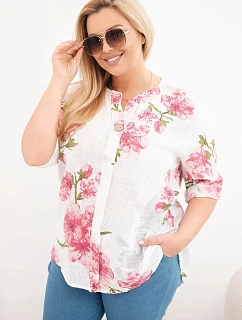 Dámská bavlněná halenka Plus Size s výstřihem do V s květinovým vzorem bílá