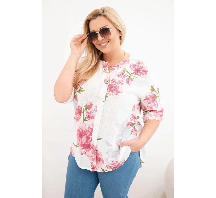 Dámská bavlněná halenka Plus Size s výstřihem do V s květinovým vzorem bílá