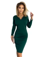 ANGELA - Klasické dámské šaty v lahvově zelené barvě s výstřihem a dlouhými rukávy 403-1