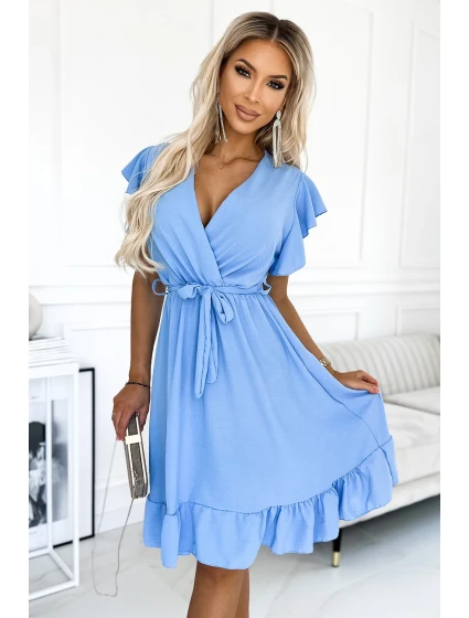 455-2 Šaty CORNELIA s volánem, výstřihem a zavazováním - MODRÉ