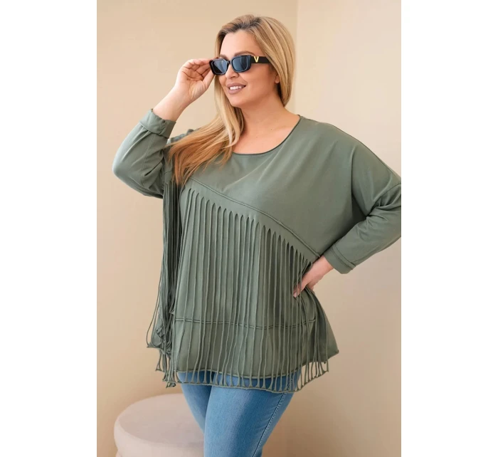 Dámská bavlněná blůza Plus Size s třásněmi khaki