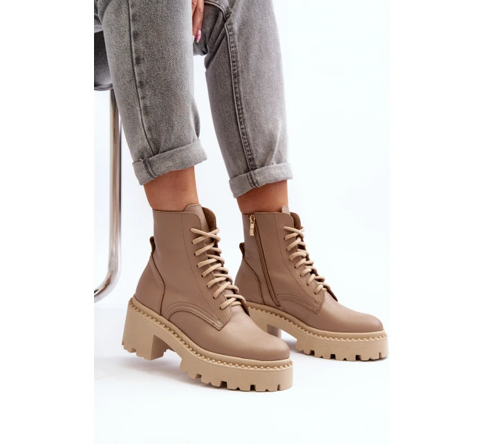 Dámské kožené botky na podpatku béžové model 21644578 - Zazoo