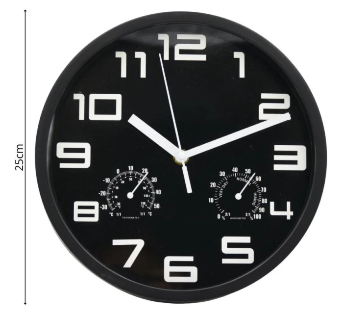 NÁSTĚNNÉ HODINY 25CM S TEPLOMĚREM ČERNÉ