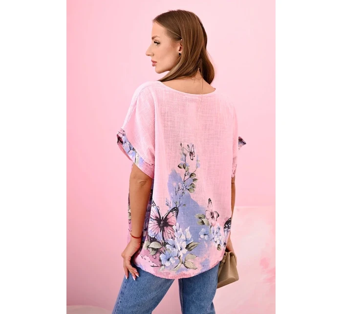 Dámská bavlněná košile s motýly a květinami bonbónově růžová