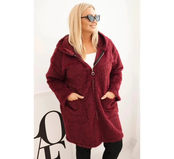 Dámský kabát Plus Size z viskózy na zip s kapucí švestkový Dámský kabát Plus Size z viskózy na zip s kapucí švestkový