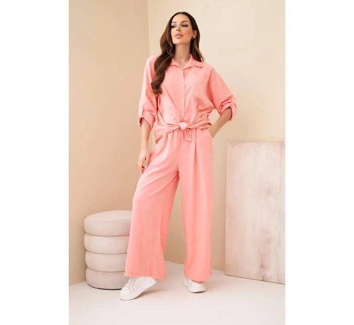 Dámský bavlněný komplet s košilí a širokou nohavicí model 22015460 - K-Fashion