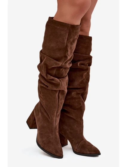 Dámské zateplené kozačky na podpatku s mačkanou holení Zazoo – hnědé, pravý semiš