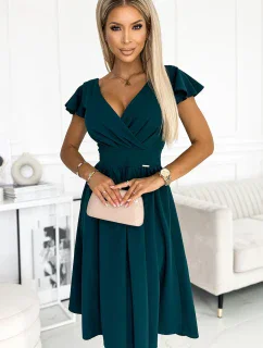 425-1 MATILDE Šaty s výstřihem a krátkými rukávy - BOTTLE GREEN