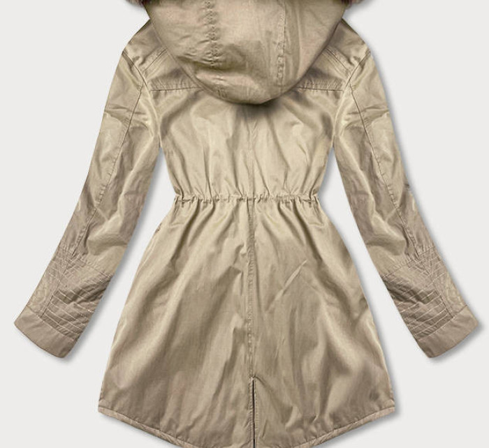 Béžová dámská zimní bunda parka s mechovitým kožíškem a s kapucí (7602BIG)