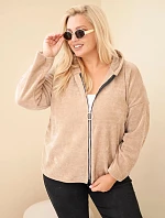 Dámská mikina Plus Size manšestrová s kapucí a zipem oversize camelová