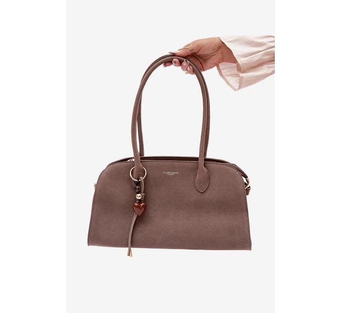 Kabelka s přívěskem a sponami eko semiš tmavě béžová Violette