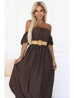 model 21229982 Maxi šaty v boho stylu s odhalenými rameny a páskem CHOCOLATE - numoco basic