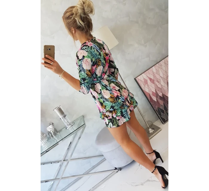 Květinové šaty s vázáním v pase černé Květinové šaty s vázáním v pase černé