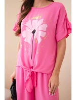 Dámský viskózový komplet s halenkou s potiskem a kalhotami světle růžový