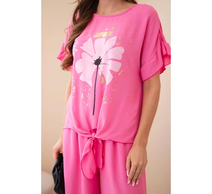 Dámský viskózový komplet s halenkou s potiskem a kalhotami světle růžový