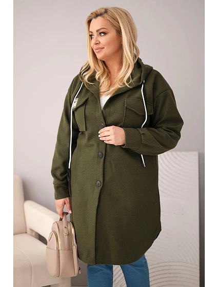 Dámský kabát Plus Size s kapucí model 22136661 na knoflíky khaki - K-Fashion