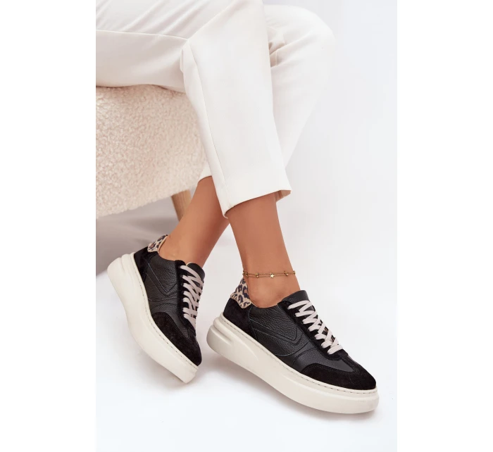 Dámské kožené tenisky na platformě s leopardím vzorem Zazoo – černé Dámské kožené tenisky na platformě s leopardím vzorem Zazoo – černé