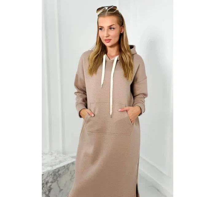 Dlouhé šaty s kapucí tmavě béžová