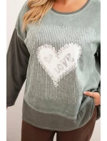 Dámská mikina Plus Size bavlněná s potiskem srdce a šňůrkami khaki