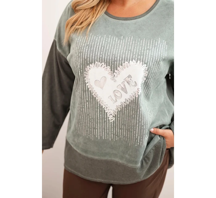 Dámská mikina Plus Size bavlněná s potiskem srdce a šňůrkami khaki