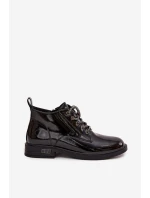 Kožené lakované dámské kotníčkové boty s ozdobným šněrováním D&A MR52-124 Černé