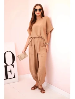 Komplet z viskózy halenka + kalhoty velbloud