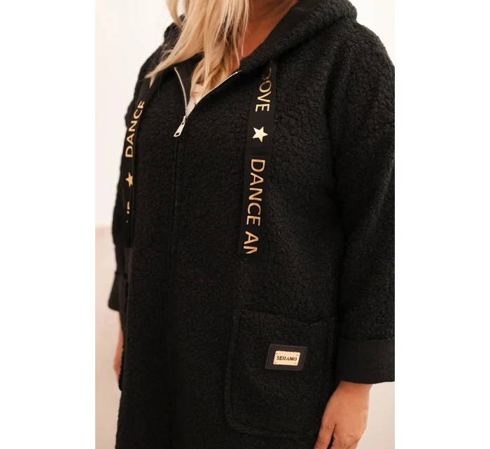 Dámský kabát Plus Size z  s kapucí a kapsami černý model 21297040 - K-Fashion
