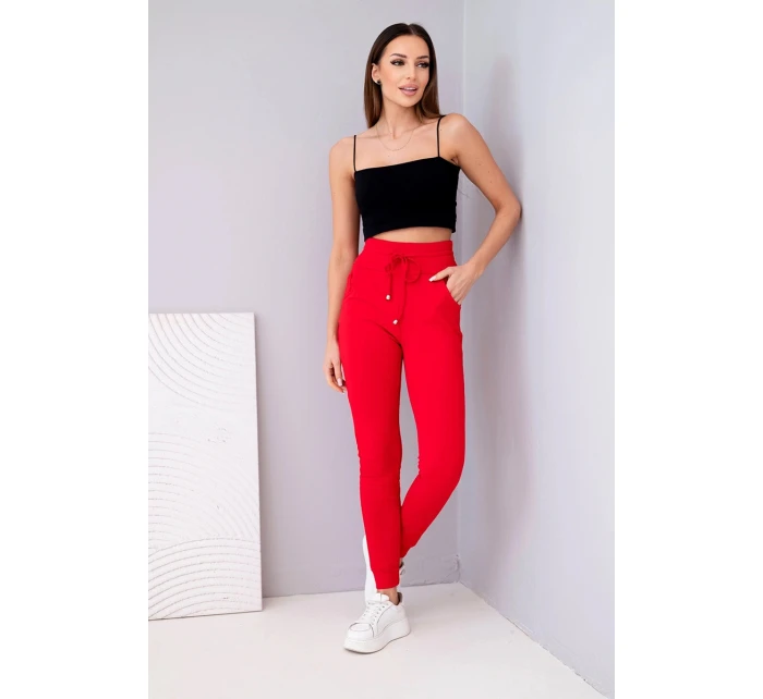 Dámské teplákové kalhoty s vysokým pasem a šňůrkou červené