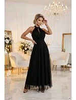 model 21961746 Elegantní maxi večerní šaty na ramínka s tylem a zavazováním v pase černé - numoco basic model 21961746 Elegantní maxi večerní šaty na ramínka s tylem a zavazováním v pase černé - numoco basic
