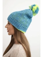Dámská zimní čepice s vlnou v ozdobném pletení s bambulí K467 džínová Dámská zimní čepice s vlnou v ozdobném pletení s bambulí K467 džínová