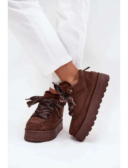 Šněrovací Zimní Boty Ženy Na Platformě Vyteplené Kožešinou Hnědé Tavelle