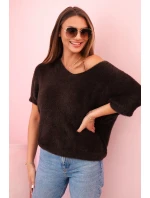 Svetr dámský z měkkého chlupu s výstřihem do V krátký rukáv hnědý Svetr dámský z měkkého chlupu s výstřihem do V krátký rukáv hnědý