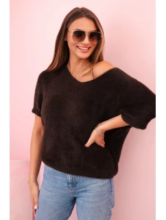 Svetr dámský z měkkého chlupu s výstřihem do V krátký rukáv hnědý