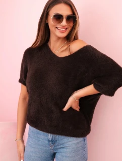 Svetr dámský z měkkého model 21291601 s výstřihem do V krátký rukáv hnědý - K-Fashion