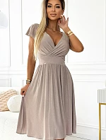 425-10 MATILDE Šaty s výstřihem a krátkými rukávy - béžové se třpytkami